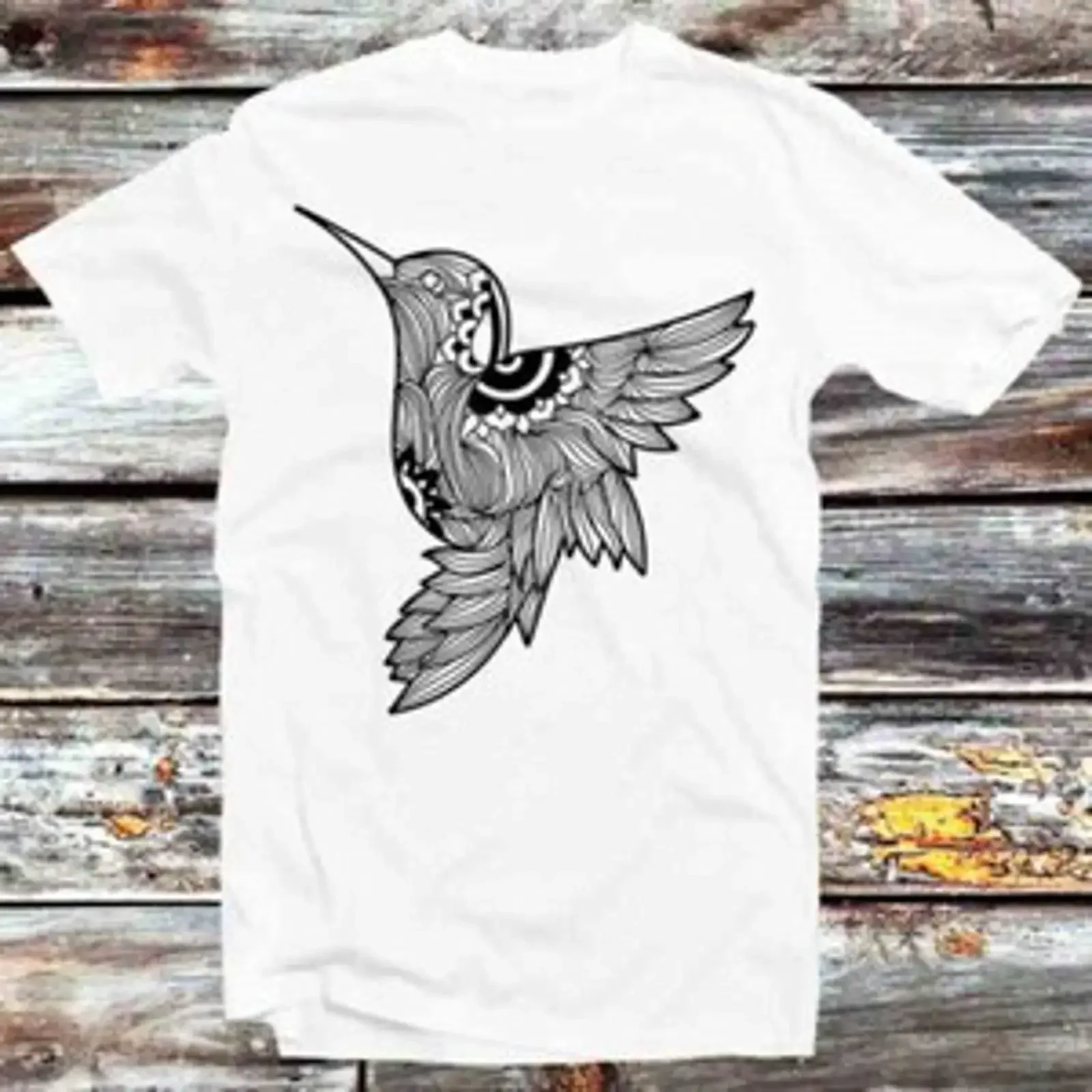 Camiseta Negra Kolibri Mandala B942 Vintage Lavada Cómoda Versátil Informal Transpirable Suave con Gráficos Elástica a la Moda