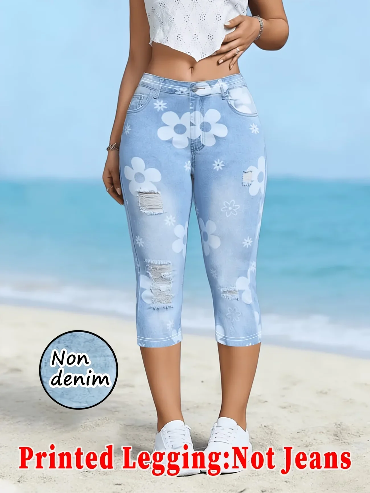 Printed Leggings, Not Denim Fabric, Fake Pocket & Button Print Capri Pants, High‑Stretch New Fashion Skinny Pants7