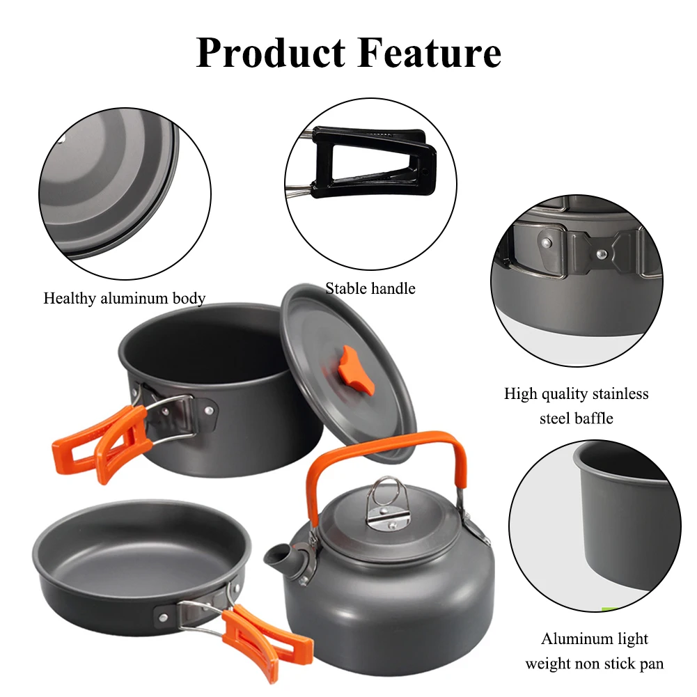 Kit de panelas de acampamento, conjunto de panelas de acampamento para 2-3 pessoas, panela e frigideiras antiaderentes, panelas leves e portáteis ao ar livre