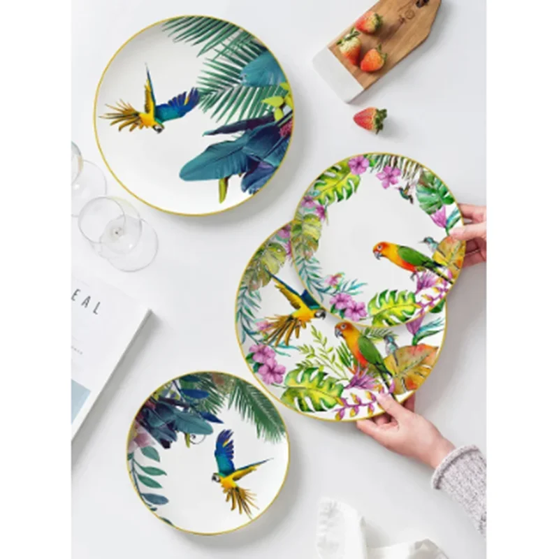 Overglazed Color Figure Tableware Set Hand Painted Parrot Household Dinner Plate Steak Plate Coffee Set Set assiette