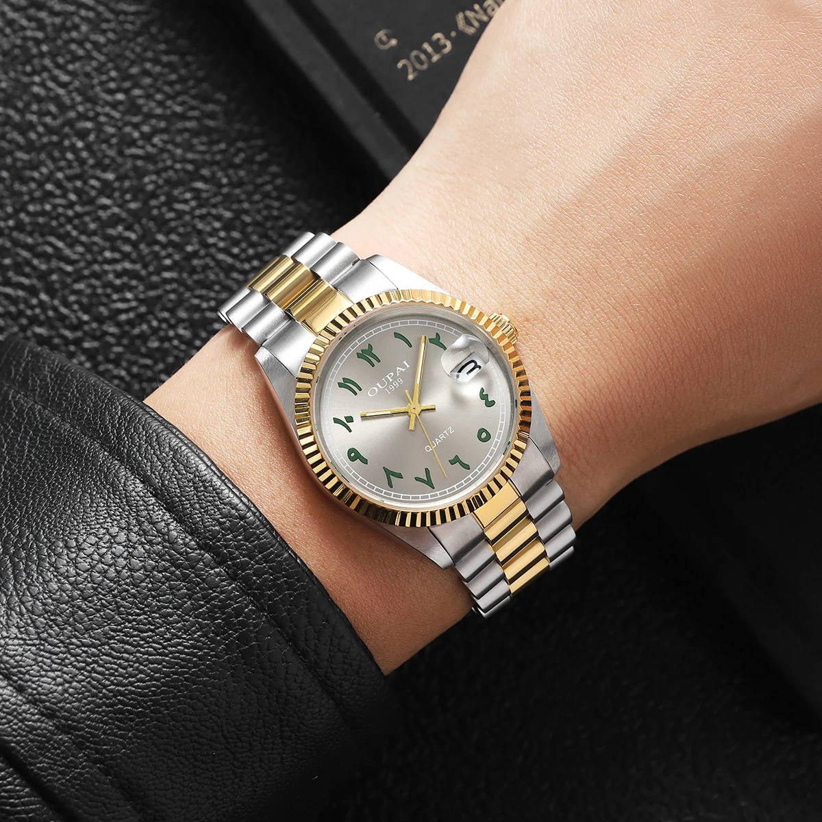 Мужские часы Oupai, круглый циферблат, ремешок из нержавеющей стали, кварцевые светящиеся наручные часы с календарем, водонепроницаемые