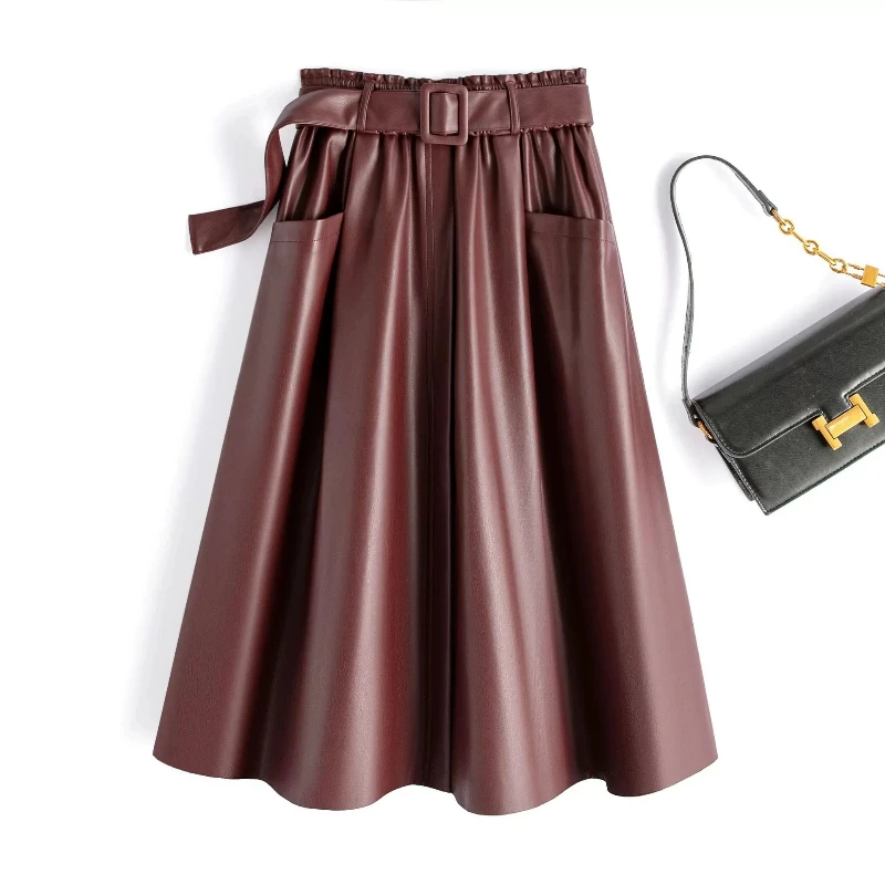 

High Quality Pocket Pu Leather Skirt Women Fashion Elatic Waist A-Line Long Skirt Female Elegant Slim Fit Faldas Wth Belts New