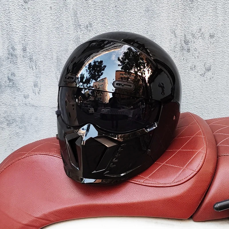 ORZ Motorcycle Retro Helmet Combination Black Warrior Full Helmet Cruise Motorcycle Helmet Detachable Face Mask