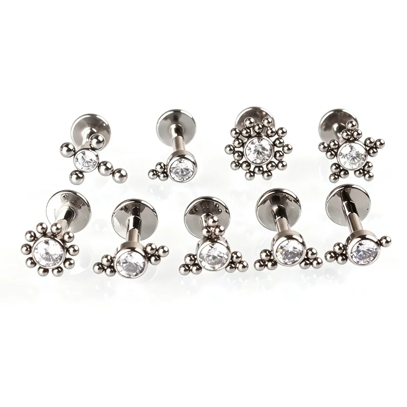 ASTM F136 Titanium 16G Labret Lip Piercing White CZ Tops Internally Threaded Helix Cartilage Tragus Monroe Jewelry