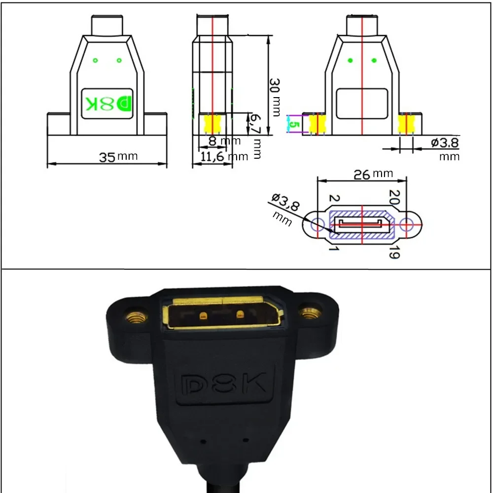 1.4Version 8K@60Hz DP DisplayPort Extension Panel Mount Cable - DisplayPort to DisplayPort - Male to Female  0.3M/1M/1.8M;