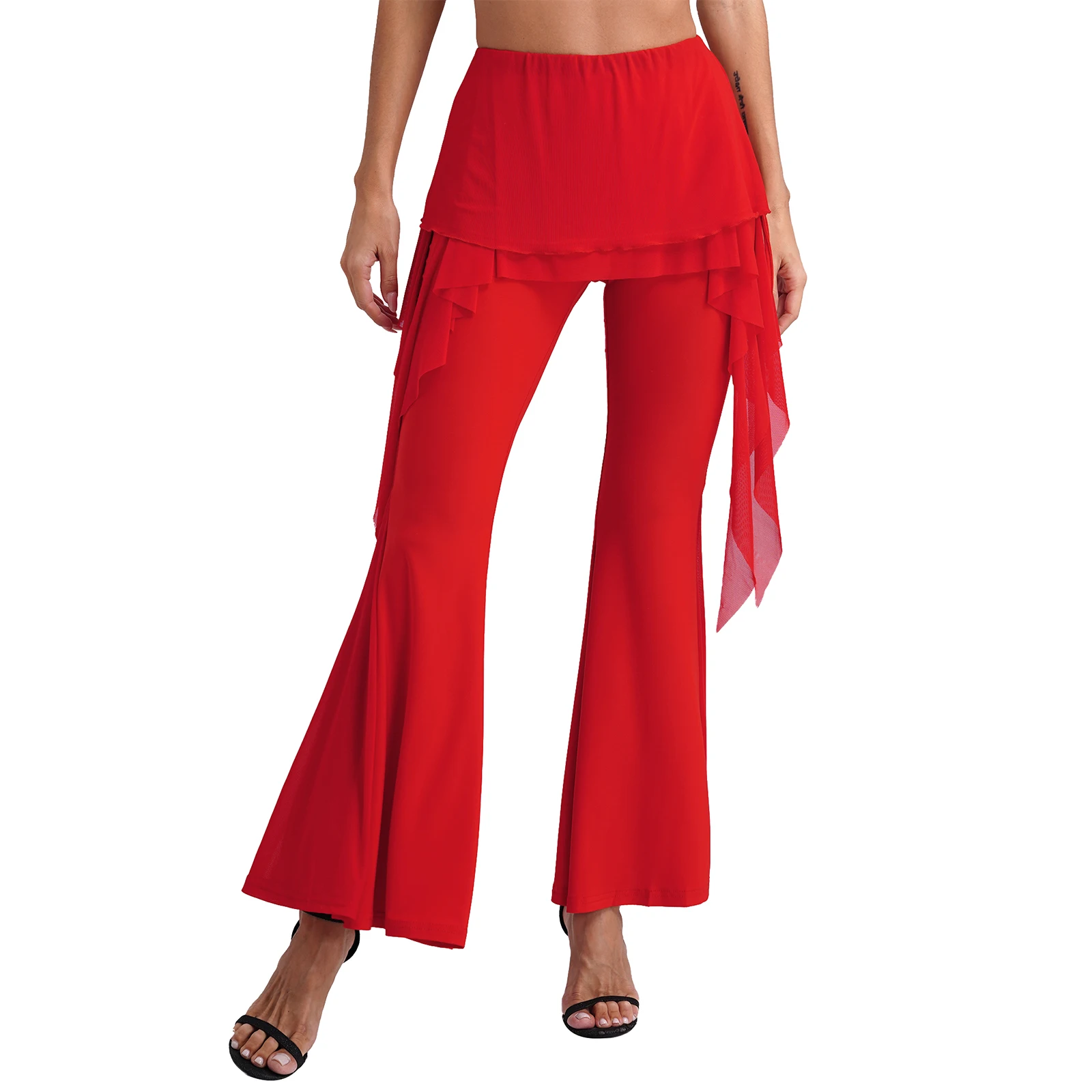 

Womens Latin Dance Performance Pantskirt Drawstring Mesh Skirted Flared Pants Elastic Waistband Bell-Bottomed Trousers