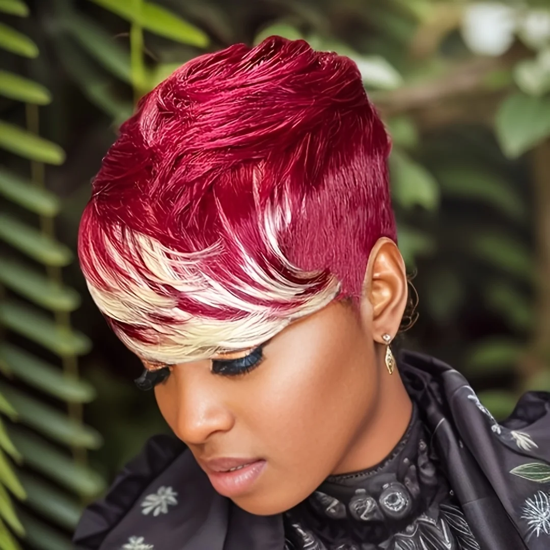 

Короткие прямые многослойные парики из натуральных волос с стрижкой пикси, 6 дюймов, 613-красный/99j цвет, парик машинного производства, парик Пикси, плотность волос Реми 150%