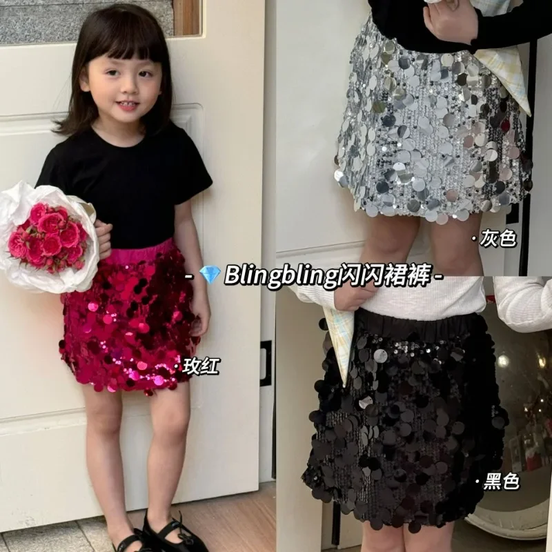 Fashion Children's Clothing Baby Girls Silver Sequin Skirt Kawaii Blingbling Princess Christmas Birthday Party Pink Skirt 1-7y