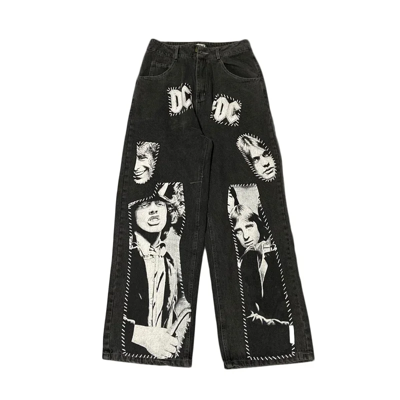 Hiphop wijde pijpen broek heren retro straatprint verticale hiphop jeans gewassen rechte losse herenjeans