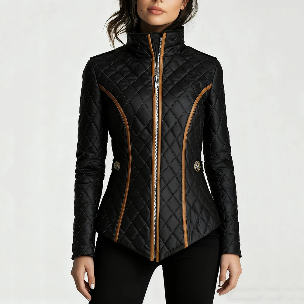

Black Quilted Jacket Women Winter Lightweight Cotton Padded Coat Slim Fit Stand Collar Outerwear Autumn Warm
