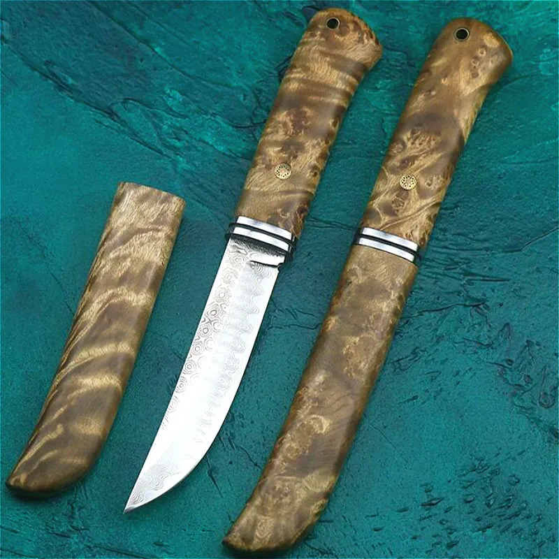 Damascus steel Shadow wood high-end outdoor straight knife D2 steel mirror light ebony tactical straight knife hunting knife