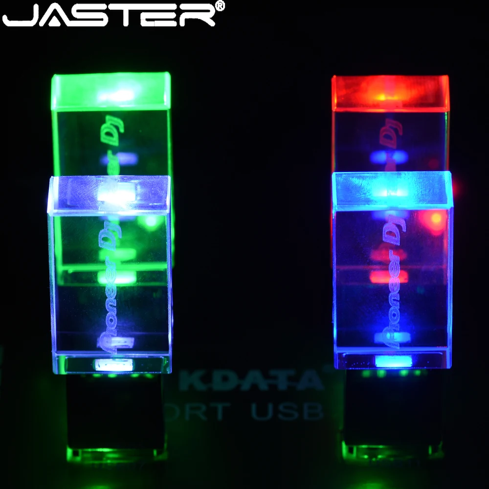 JASTER New USB Flash Drive 2.0 64GB 32GB Pen Drive 16GB Crystal with Color LED Light Pendrive 8GB 4GB Custom LOGO Memory Stick