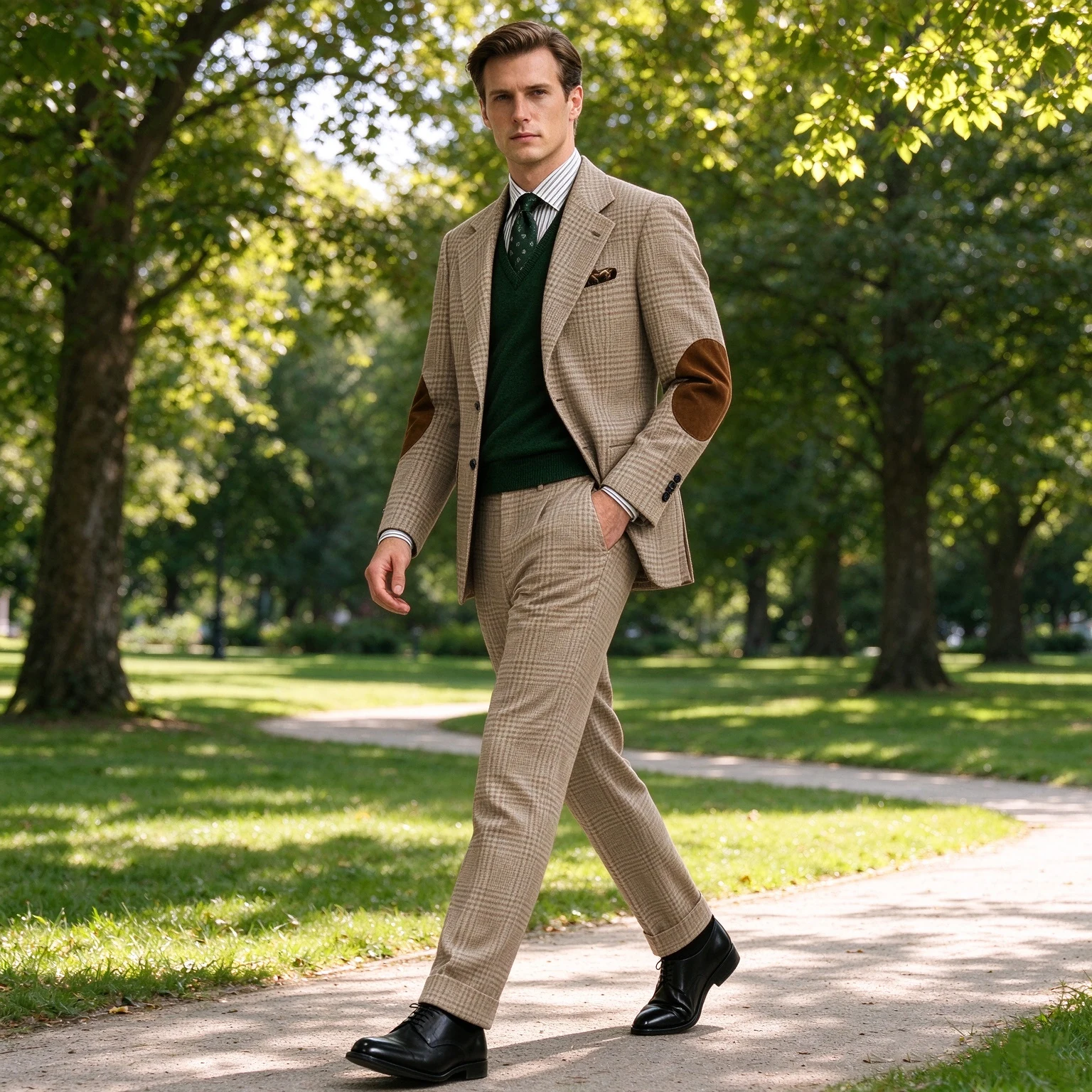 Men's Plaid Tweed Suit 2 Pieces Set Slim Fit Blazer With Suede Elbow Patches Pants Formal Business Casual Suit Jacket Trousers