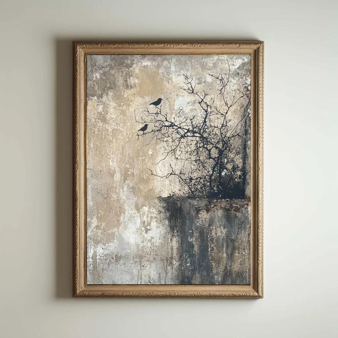Tranquil Wabi-Sabi Bird Wall Art - Impasto Print of a Peaceful Nature Scene, Blending Rough Textured Layers with Delicate Bird S