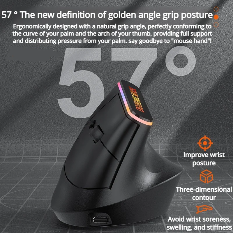 2.4G Wireless Bluetooth Mouse With RGB Lighting Effect Low-Pitch Key Vertical Gaming Mouse Ergonomically Designed