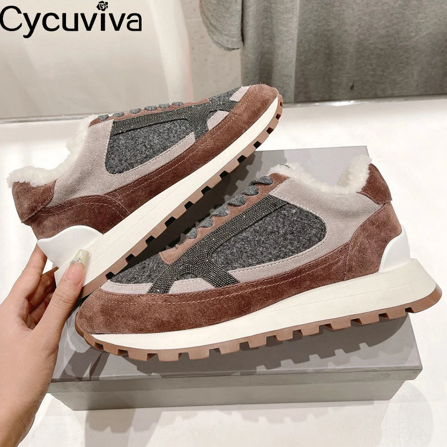 Designer New Leather Lace Up Platform Shoes Women Thick Sole Wool Fur Flats Autumn Casual Party Vacation Walking Shoes For Women