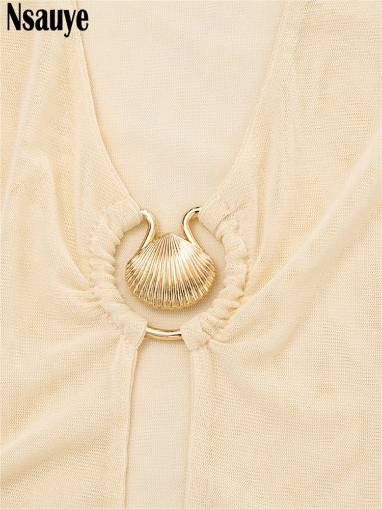 Nsauye 2025 otoño mujer elegante Sexy malla manga larga volantes Vestido corto moda elegante corte bajo fiesta noche Club vestido envolvente