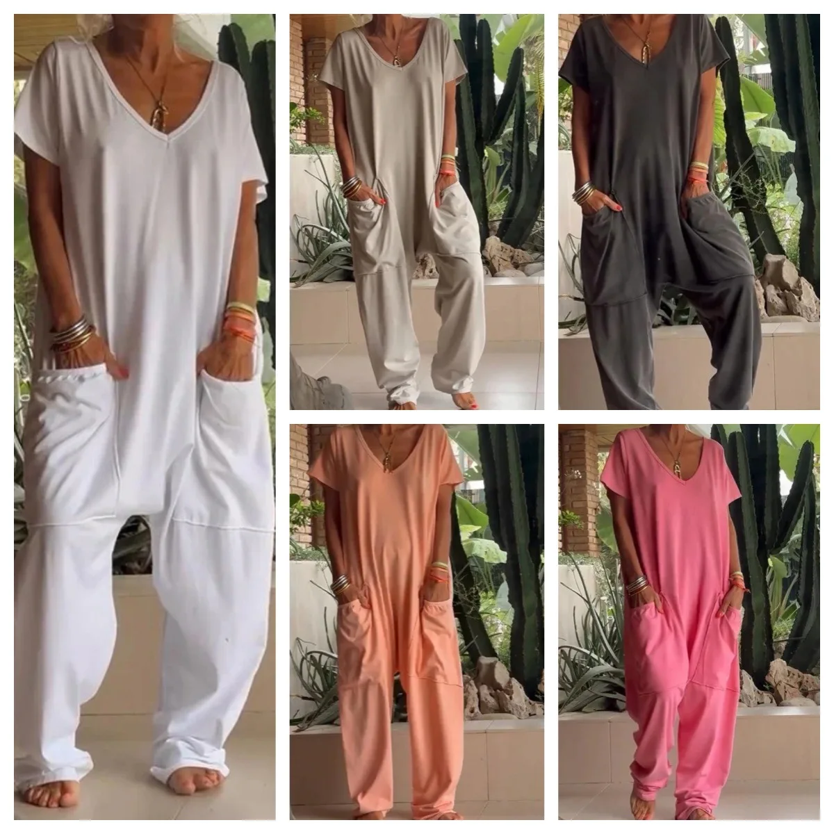 

2026 summer women's clothing popular solid color V-neck oversized pocket low-grade jumpsuit straight