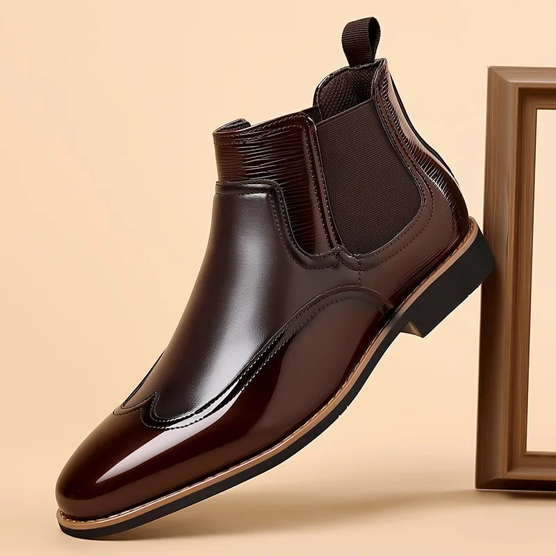 Men's Lacquer Leather Chelsea Casual Boots Men's Shiny High Elastic Mouth Men's Boots