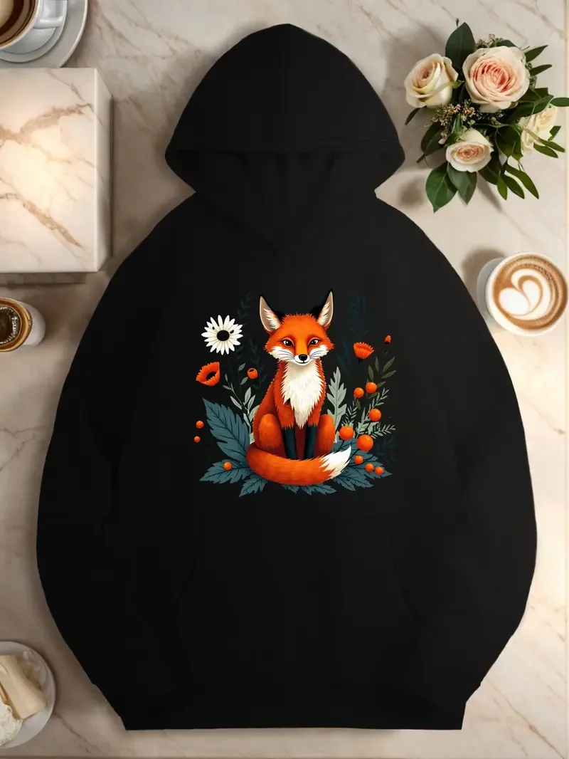 

Женская толстовка больших размеров с цветочным принтом Red Fox, уютная толстовка с длинными рукавами и карманами-кенгуру, мягкая смесь полиэстера, осенне-зимняя одежда