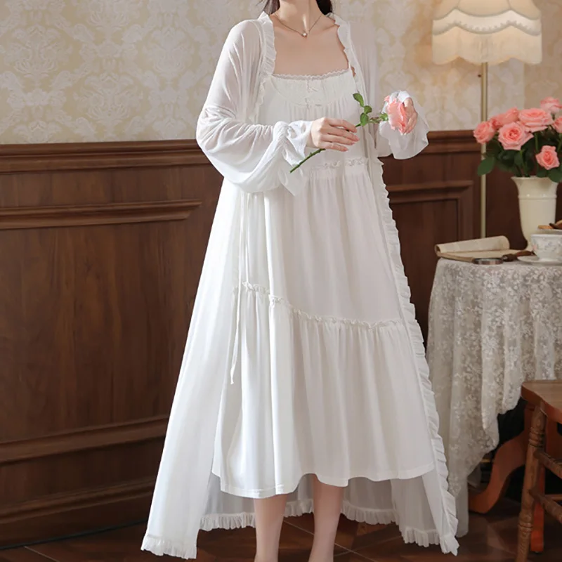 Long Sleeve Nightgown for Women Autumn with Chest Cushion Camisole Skirt Princess Pajamas French Mesh Morning Gown Home Suit Set