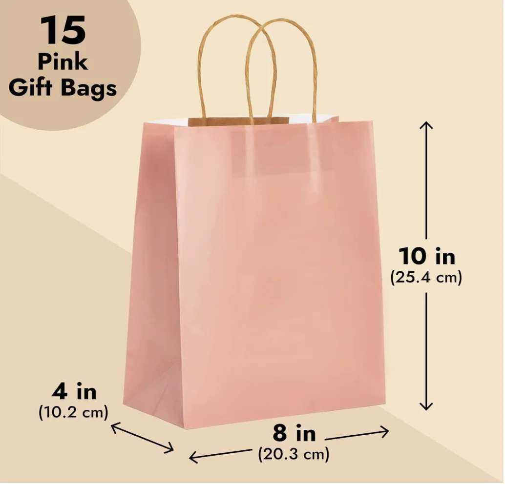 15Pack of Pink Glossy Medium Paper Gift Bags with Handles 8x4x10 Inches for Wedding Receptions, Baby Showers, Birthday Party