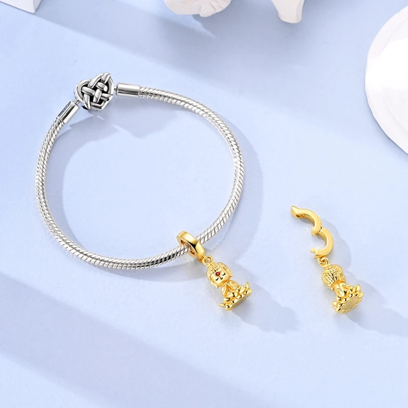 

925 Sterling Silver Golden Buddha Charms Pendant For Women Fit Original Bracelet DIY Birthday Party Jewelry Gifts