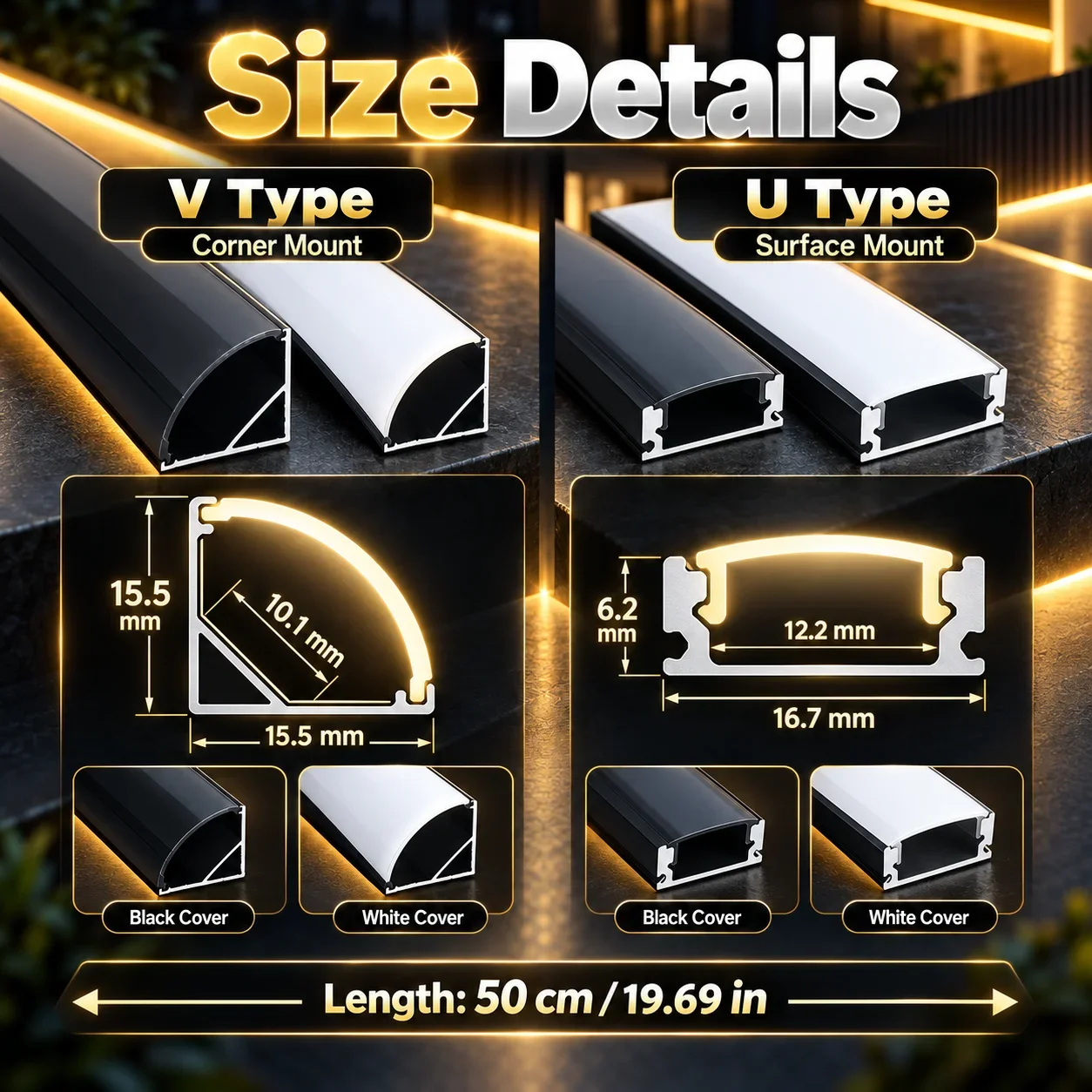 1-30Pcs/lot LED Aluminum profile 0.5m/pcs U/V shape Corner for 5050 2835 LED Strip Bar Lamp channel Holder White/Black Cover