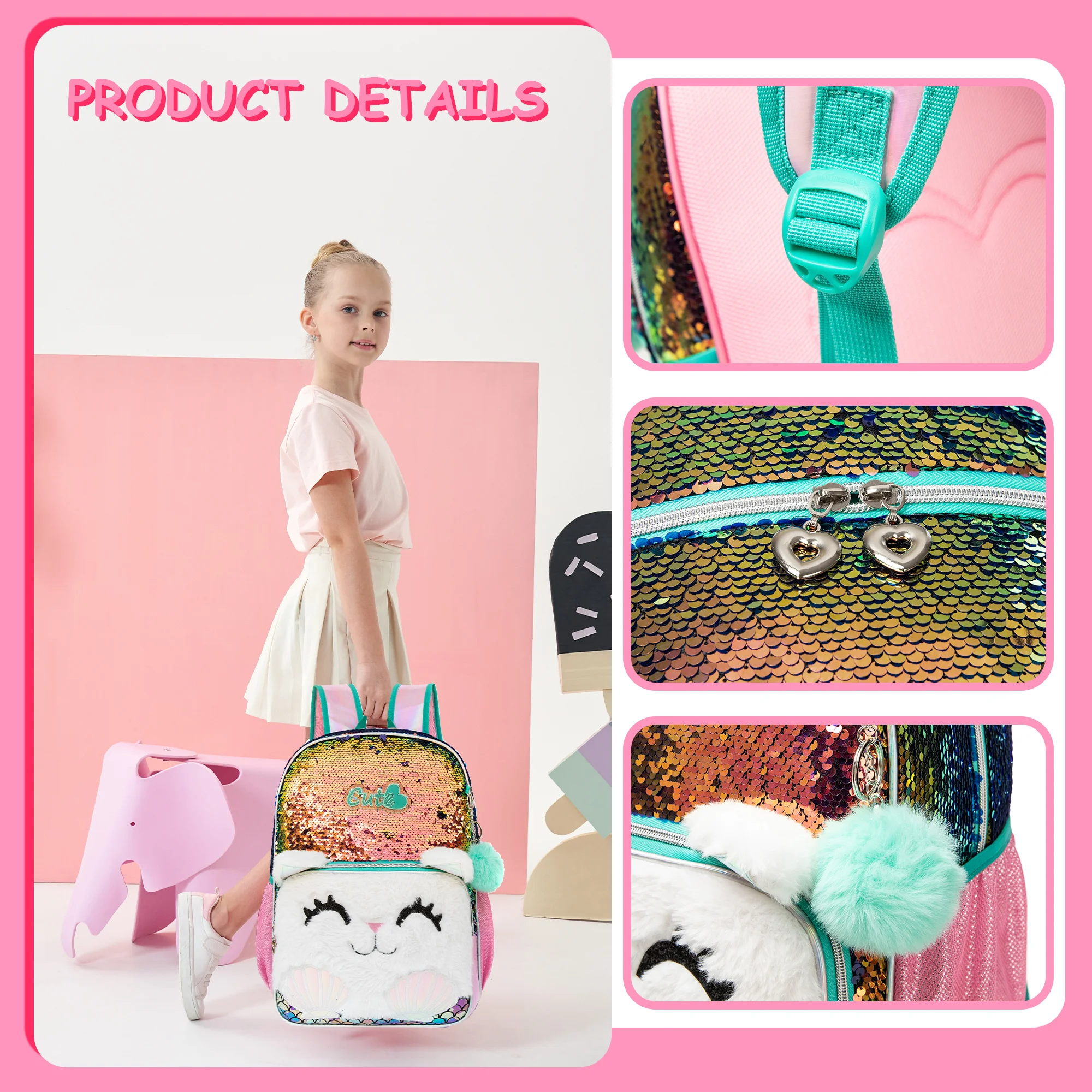 Cute Cat Sequin Backpacks for Girls School Bag with Lunch Box Pencil Case for Elementary Preschool Students Kids Travel Backpack