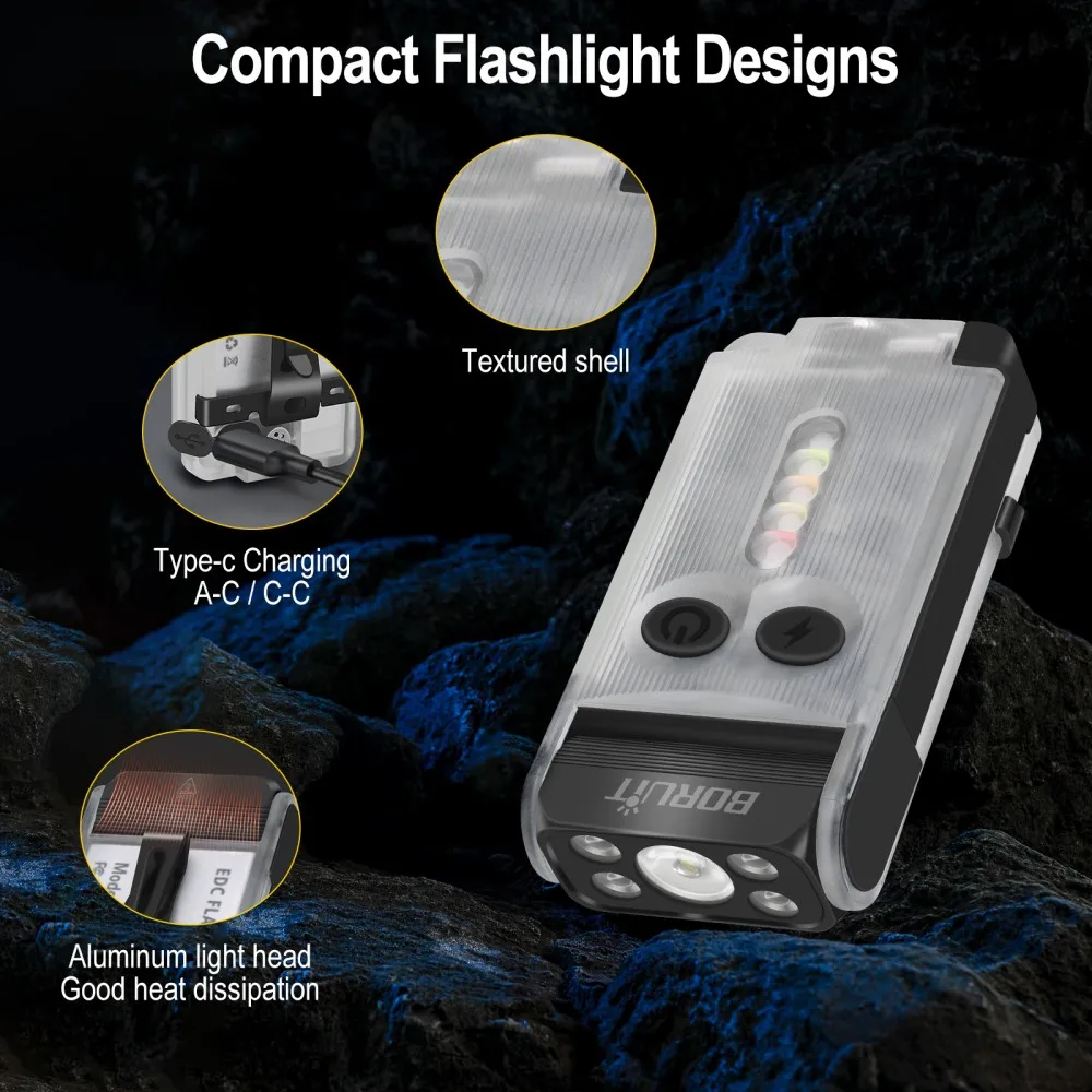 BORUiT V30 900LM UV LED Torcia EDC Tipo-C Ricaricabile Power Bank Luce da lavoro con cicalino magnetico Lanterna tascabile da campeggio