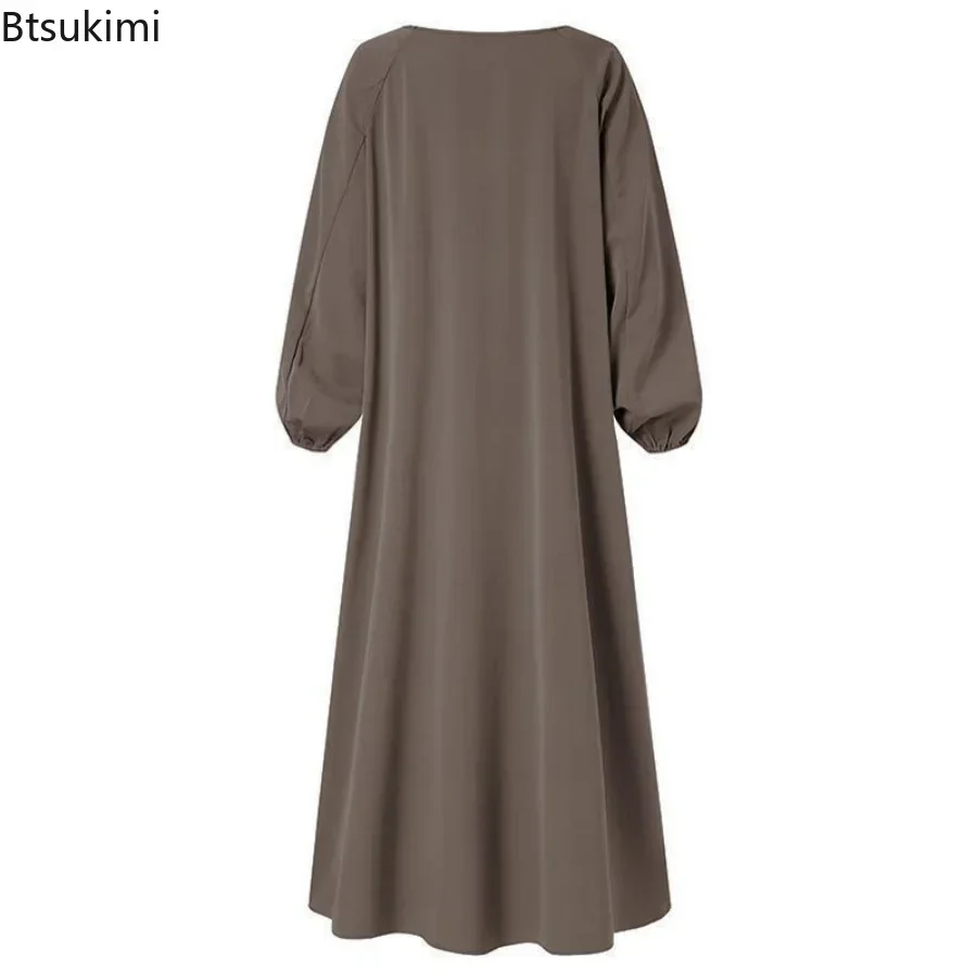 Plus Size 4XL 5XL Cotton Long Sleeve Abayas for Women Muslin Dress O-Neck Soft  Loose Waist Pocket Mid-calf Casual Robes Female