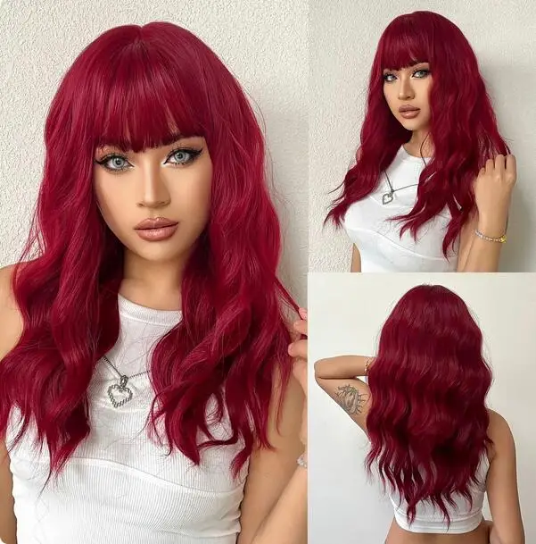 

Red Long Wavy Synthetic Wig Body Wave Wig High Temperature Natural Wig with Bangs Party Cosplay Hair for Black Wom