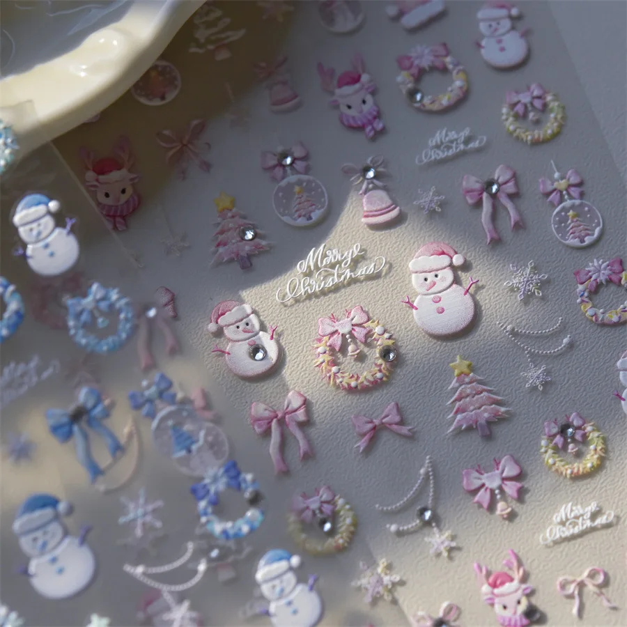 1pcs Christmas Nails Stickers Pink Blue Snowman Bow Knot Elk Crystal Diamond Adhesive Nail Art Stickers New Year 2025 Deco Decal