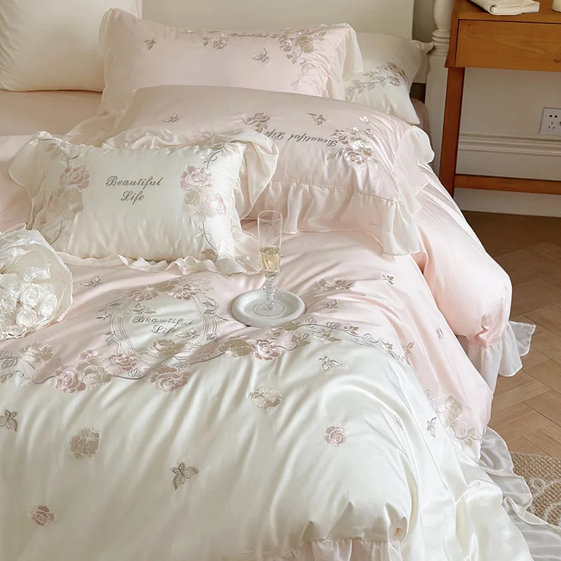 Girl Heart Tencel 100 double-strand long-staple cotton four-piece romantic flower embroidery quilt cover cotton