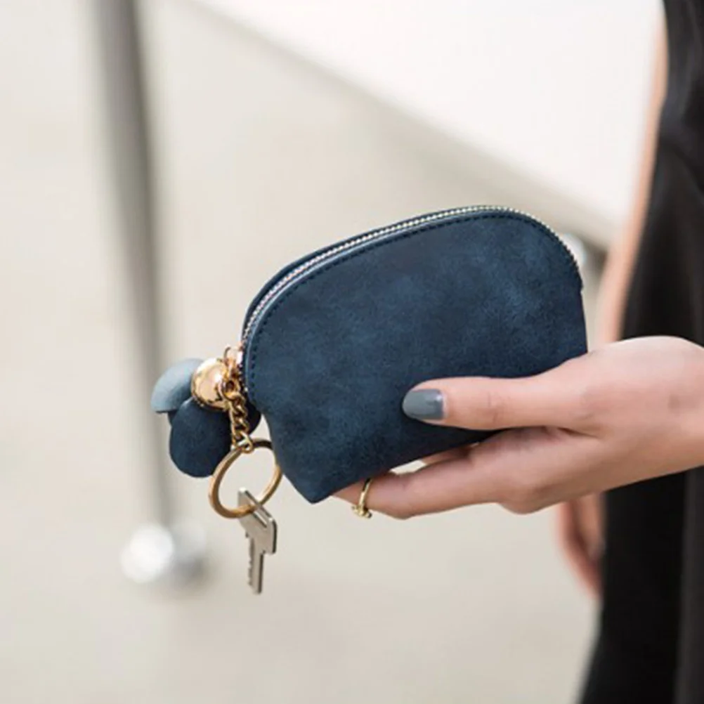 

1Pcs Small Mini Coin Purse Dark Blue PU Flower Pendant Compact Wallet for Coins Change Keys Travel Use