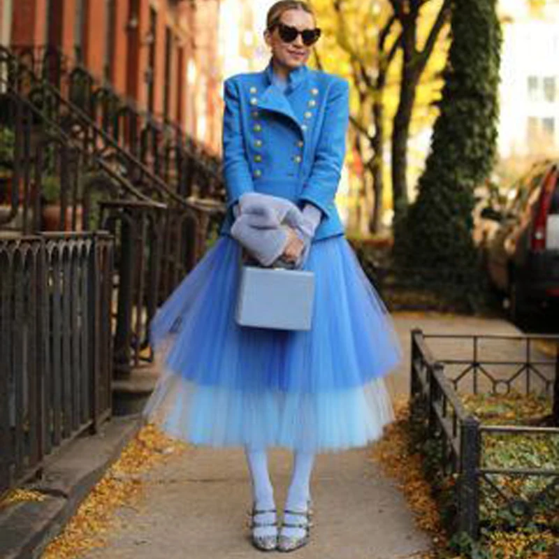 

High Street Skirts Women Elastic Puffy Skirt Tulle saias Ankle Length Sky Blue Baby Blue Skirt Party Long jupe femme