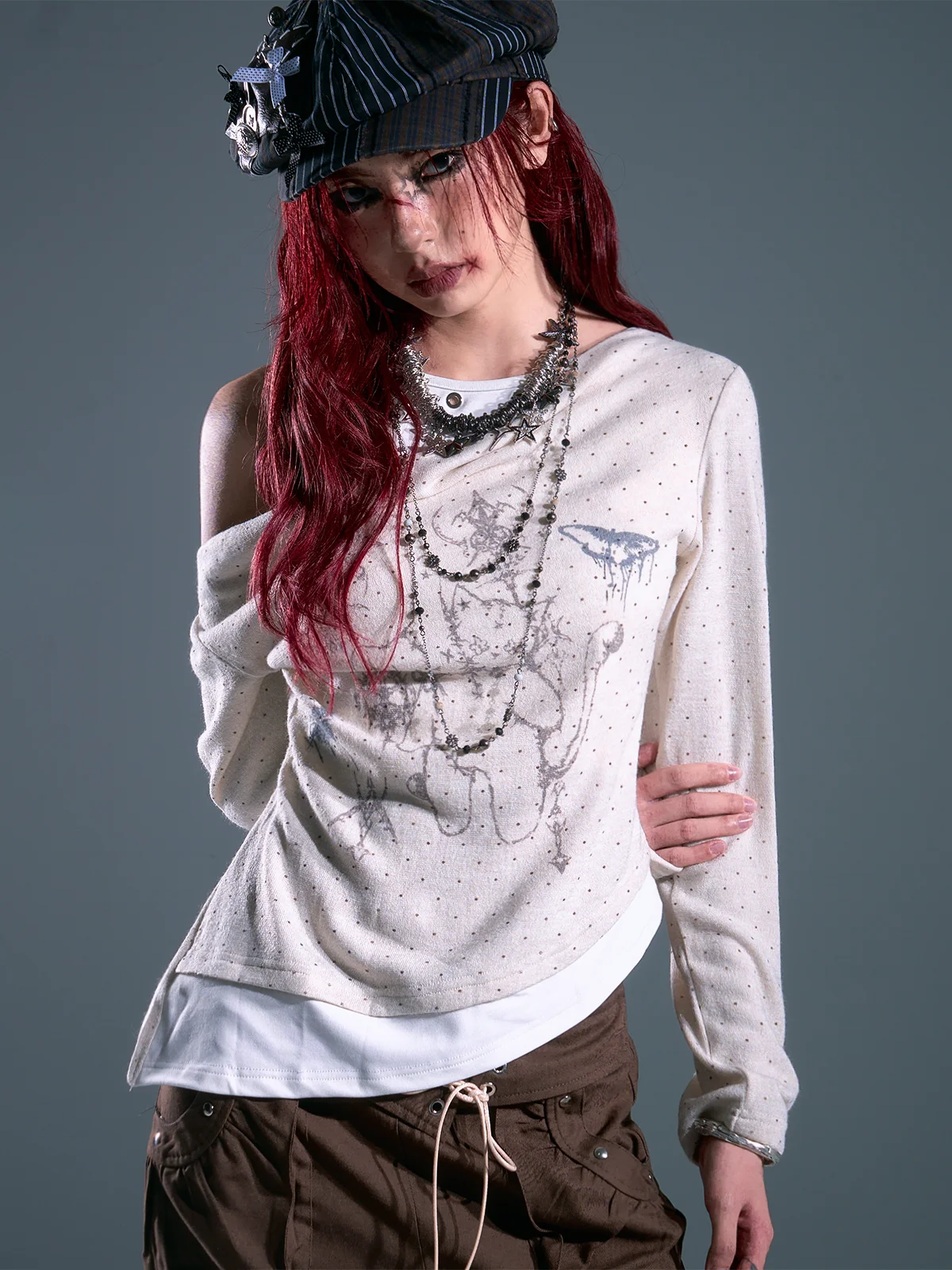 

Женский топ с ретро-цветочным принтом и горошком, вязаный, с длинным рукавом, асимметричный дизайн, повседневный, приталенный крой, Garden Lost