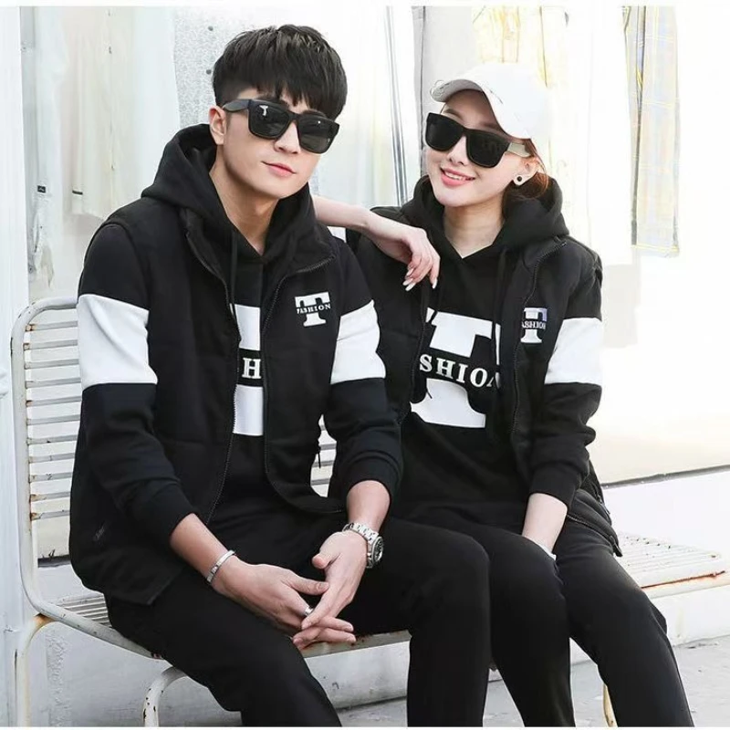 

3 Pieces Set Hoodies+Vest+Pants Casual Track Suit Clothing Coats Winter Thick Warm Tracksuit for Couple Printed Mens Set Vest