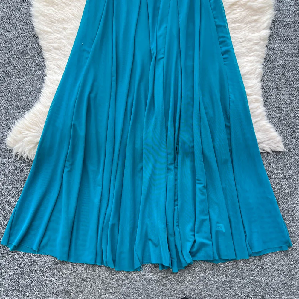 Chic vintage Impiombato scava fuori halter Elegante fata moda coreana Boho Vestito estivo abbigliamento donna Abito lungo