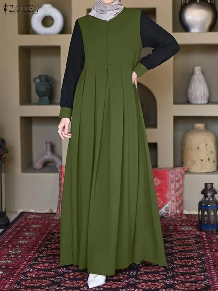 ZANZEA Ramadan Muslim Abaya Dress Dubai Hijab Dresses Women Autumn Long Sleeve Patchwork Vestido Pleated Sundress IsIamic Robe