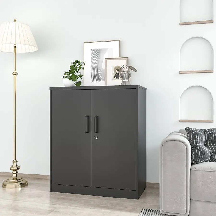 Storage Cabinet, 2 Doors Garage Cabinets, Steel Utility Tool Caninet, Short Locking Caninets with Adjustable Shelves, Black Lock