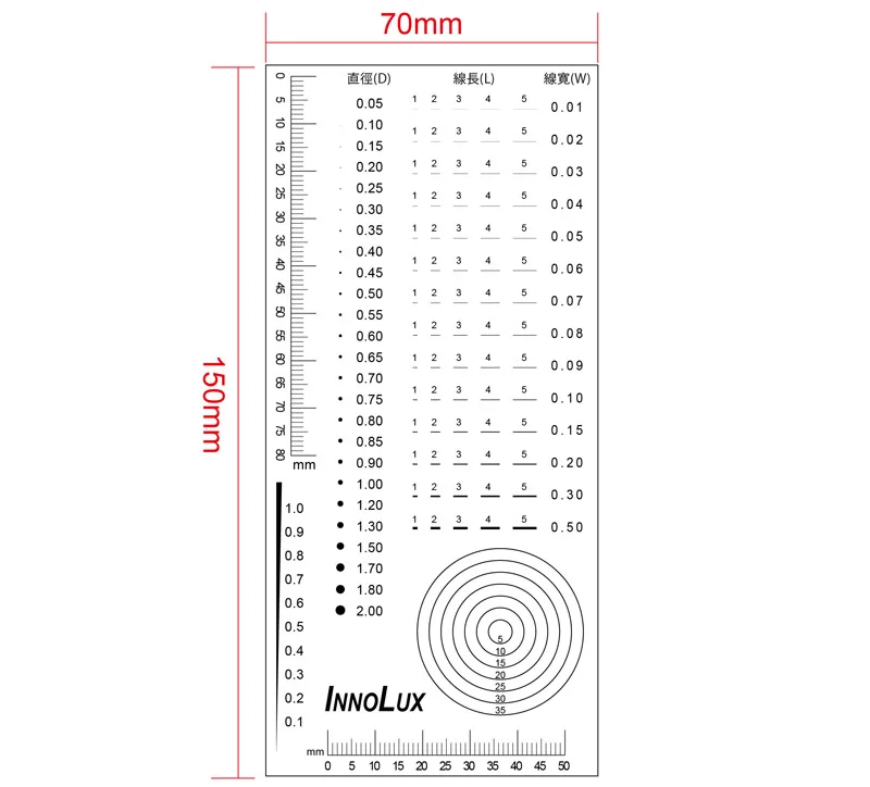 

Spot Ruler, Dot Line Gauge, Stain Spot, Cafflin Ruler, Contrast Card Gauge, Defect Inspection Area Gauge, Scratch Fillet Dot