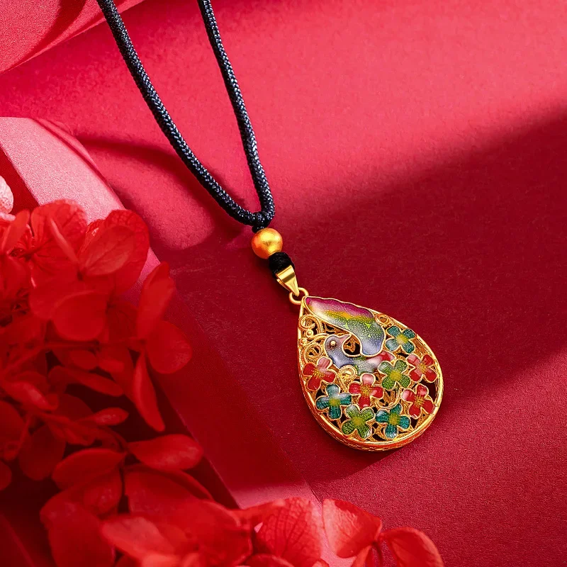 

9999 Real Gold 24K Enamel Gold Flower Phoenix Pendant Ancient Chinese Style Burnt Blue Hundred Flowers Chaofeng Silk Pendant