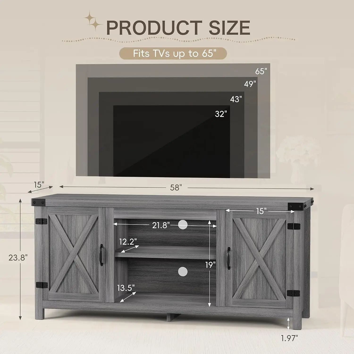 Farmhouse TV Stand 65 Inch Entertainment Center Adjustable Shelves Barn Doors Media Console Storage Cabinet Living Room, Customi
