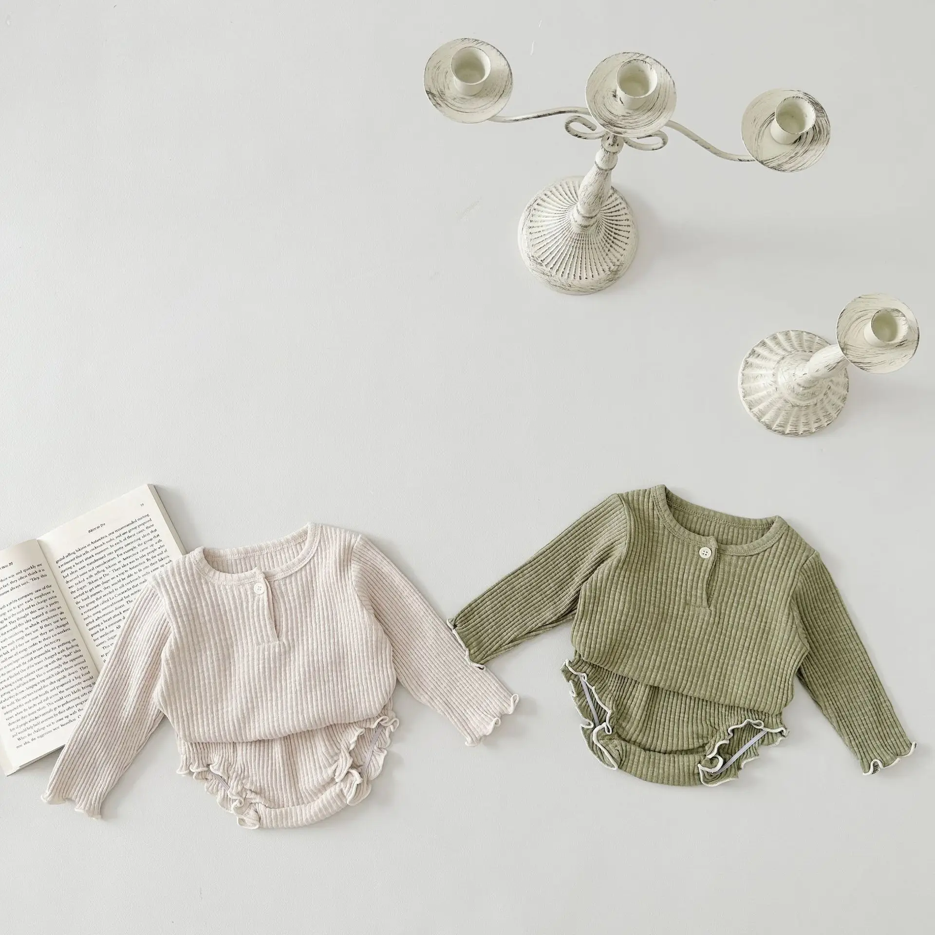 2024 Spring New Baby Long Sleeve Clothes Set Infant Girl Solid Ribbed Bottoming Shirt + Shorts 2pcs Suit Toddler Casual Outfits