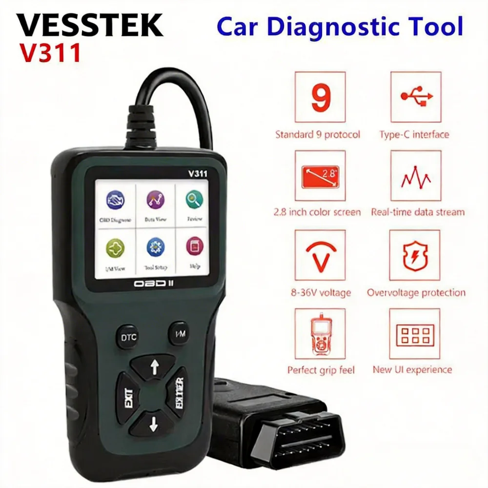 vesstek- V311/V312/V317 OBD2 Scanner  Auto Code Reader Car Diagnostic Tool Handheld 8-Language Backlit Color LCD Display Scanner