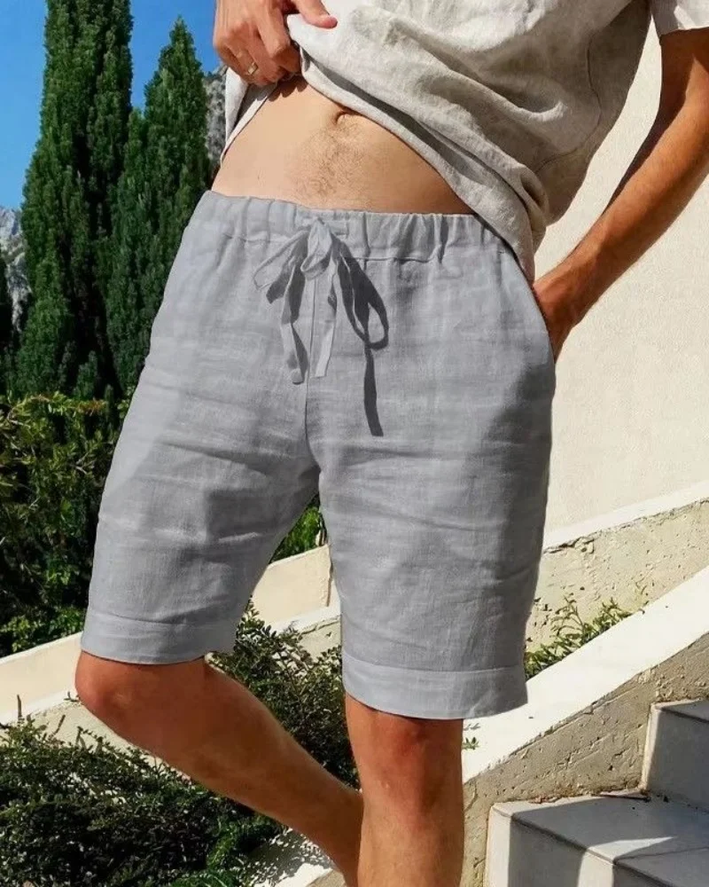 2024 New Men's Linen Cotton Shorts 5-Point Loose Fit Elastic Waist Breathable Summer Casual Beach Shorts