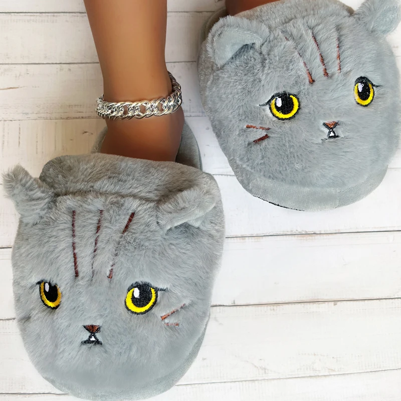 2024 Cute Cartoon Coffee Cat Half Slippers Ladies Winter Indoor Warm Stereo Animal Cat Head Plush Cotton Slippers Women's Shoes