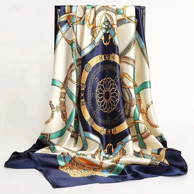 Handkerchiefs Hair Silk Scarf 90*90cm Print Satin Big Square Silk Scarves Shawls for Women Luxury Brand Designer Hijab Headband
