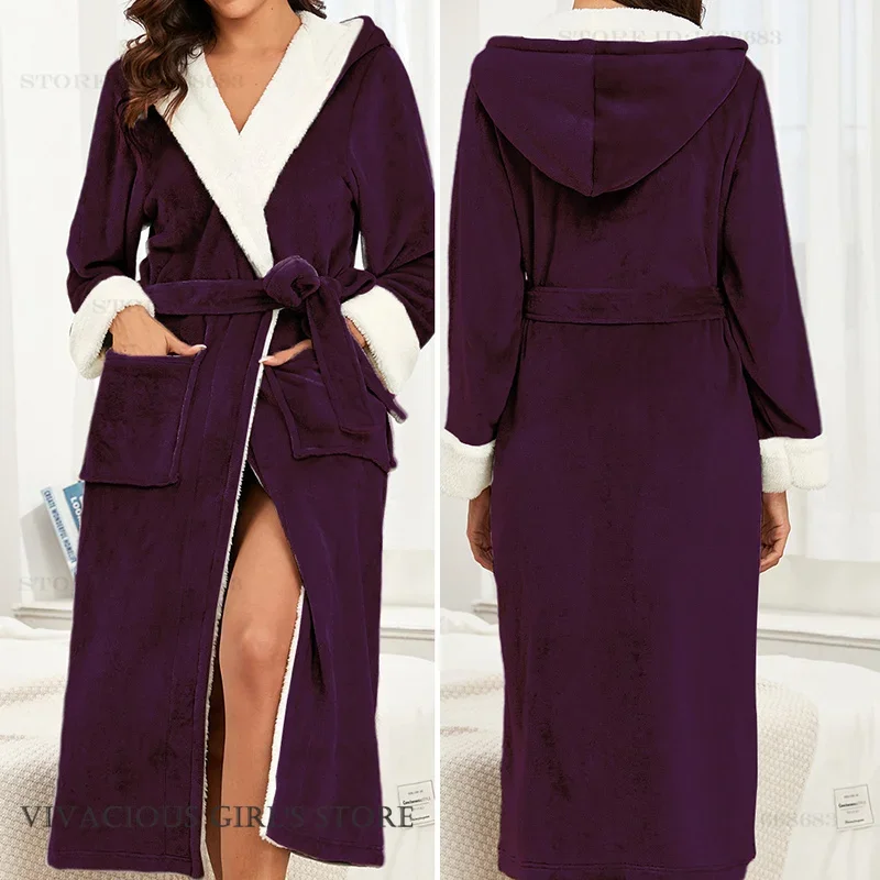 

Женская одежда для сна, ночная рубашка, свободная ночная рубашка из кораллового флиса, осень-зима, фланелевой длинный халат с капюшоном, утепленный теплый халат, домашнее платье